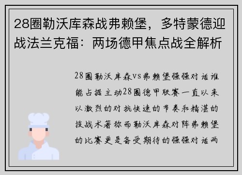 28圈勒沃库森战弗赖堡，多特蒙德迎战法兰克福：两场德甲焦点战全解析 - 副本
