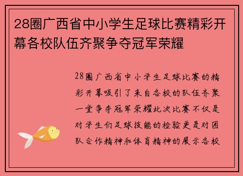 28圈广西省中小学生足球比赛精彩开幕各校队伍齐聚争夺冠军荣耀