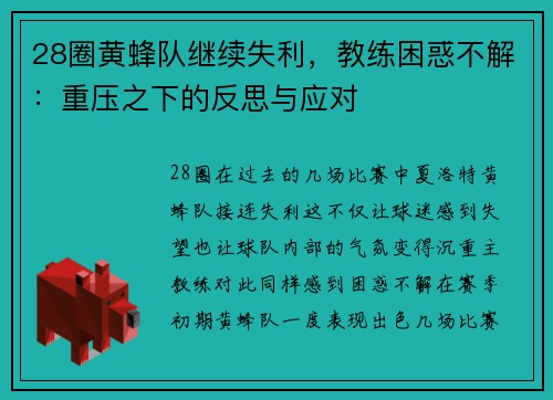 28圈黄蜂队继续失利，教练困惑不解：重压之下的反思与应对
