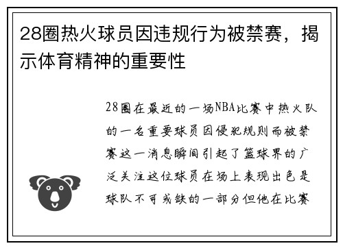 28圈热火球员因违规行为被禁赛，揭示体育精神的重要性