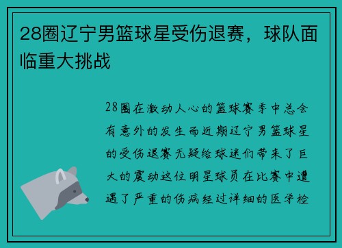 28圈辽宁男篮球星受伤退赛，球队面临重大挑战