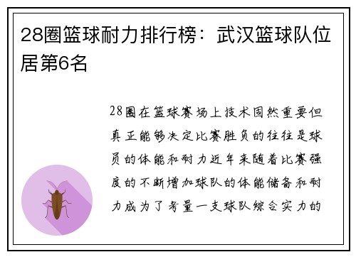 28圈篮球耐力排行榜：武汉篮球队位居第6名