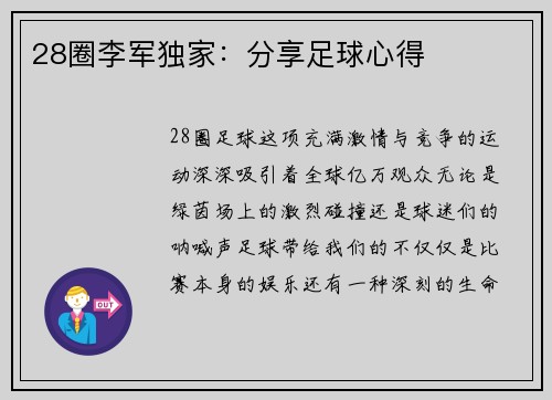 28圈李军独家：分享足球心得