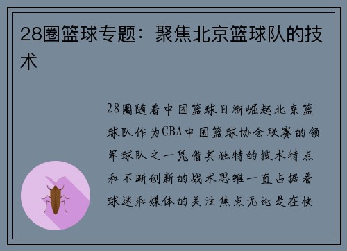 28圈篮球专题：聚焦北京篮球队的技术