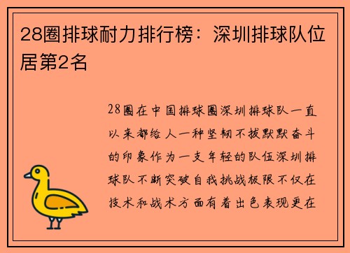 28圈排球耐力排行榜：深圳排球队位居第2名