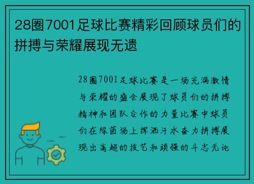 28圈7001足球比赛精彩回顾球员们的拼搏与荣耀展现无遗