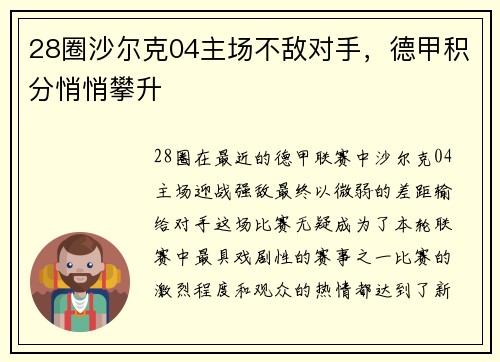 28圈沙尔克04主场不敌对手，德甲积分悄悄攀升
